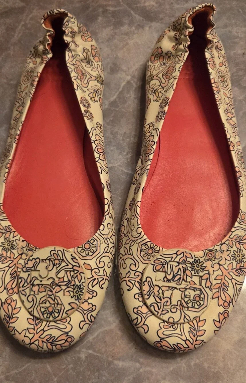 Tory Burch Cream Floral Ballet Flats with Coral Insole